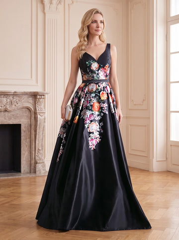 A-Line/Princess Sweetheart Sleeveless Floor-Length Printed Floral Pleated Mother of the Bride Dresses with Sash
