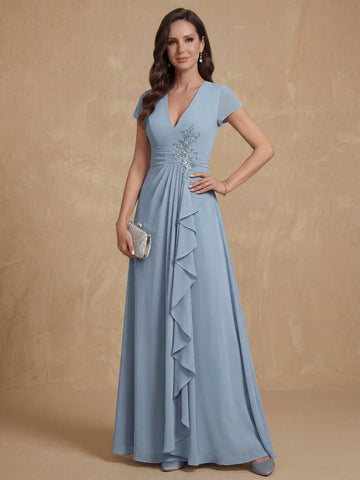 A-Line/Princess Plunge V-Neck Short Sleeves Floor-Length Pleated Mother of the Bride Dresses with Ruffles & Appliques
