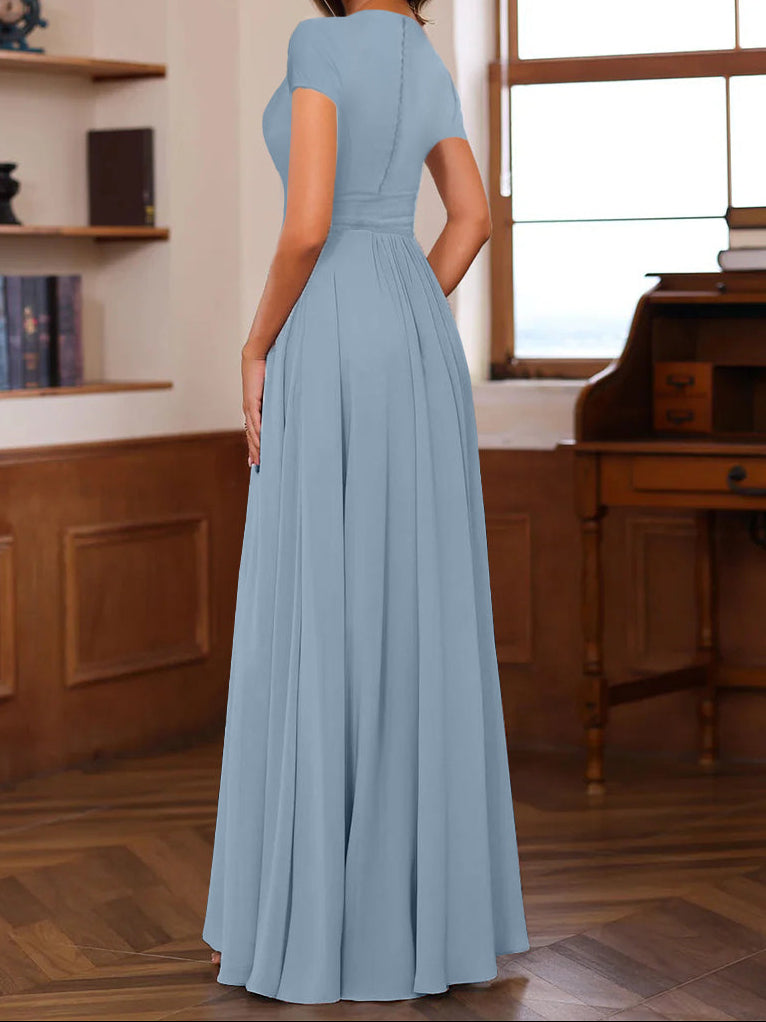 A-Line/Princess Plunge V-Neck Short Sleeves Floor-Length Pleated Mother of the Bride Dresses with Ruffles & Appliques