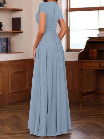 A-Line/Princess Plunge V-Neck Short Sleeves Floor-Length Pleated Mother of the Bride Dresses with Ruffles & Appliques