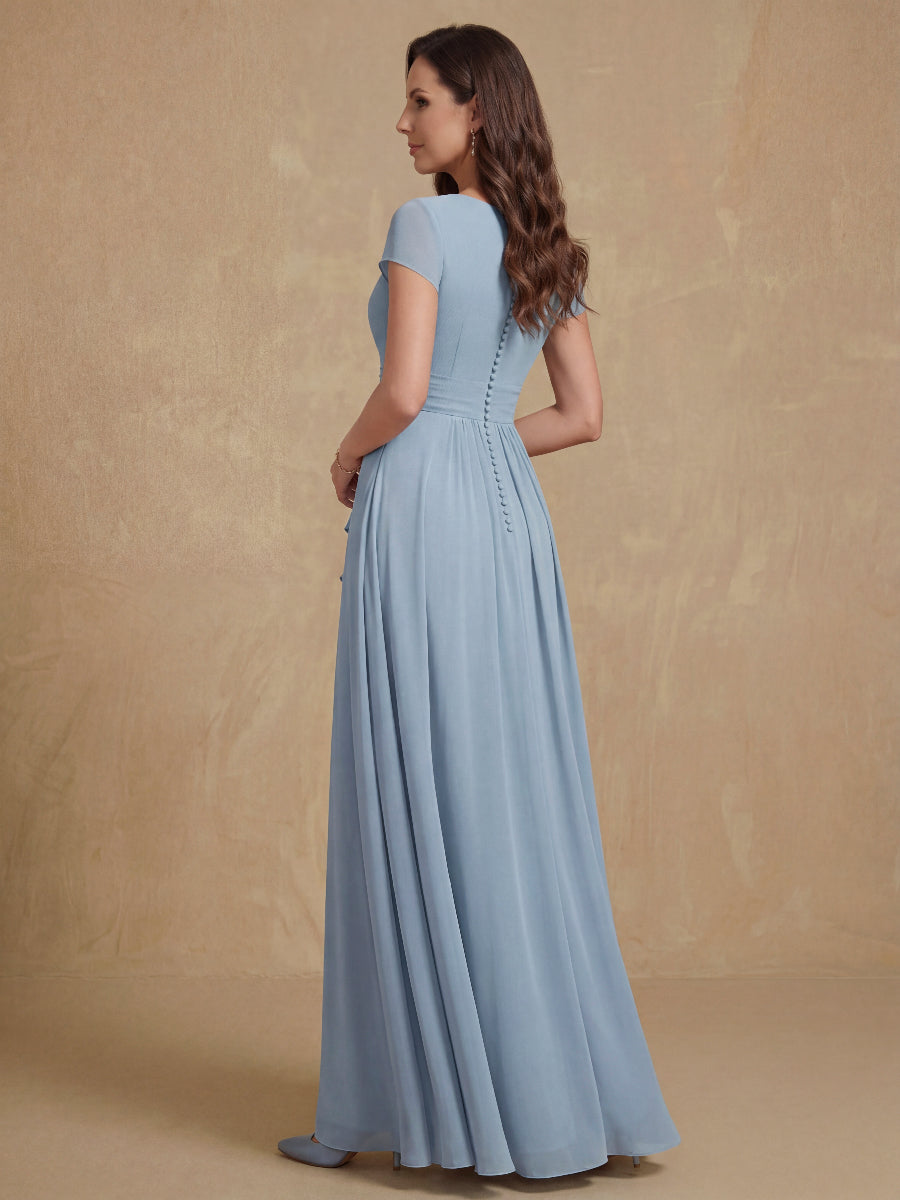 A-Line/Princess Plunge V-Neck Short Sleeves Floor-Length Pleated Mother of the Bride Dresses with Ruffles & Appliques