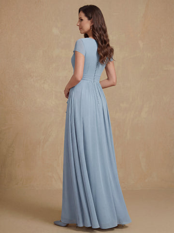 A-Line/Princess Plunge V-Neck Short Sleeves Floor-Length Pleated Mother of the Bride Dresses with Ruffles & Appliques