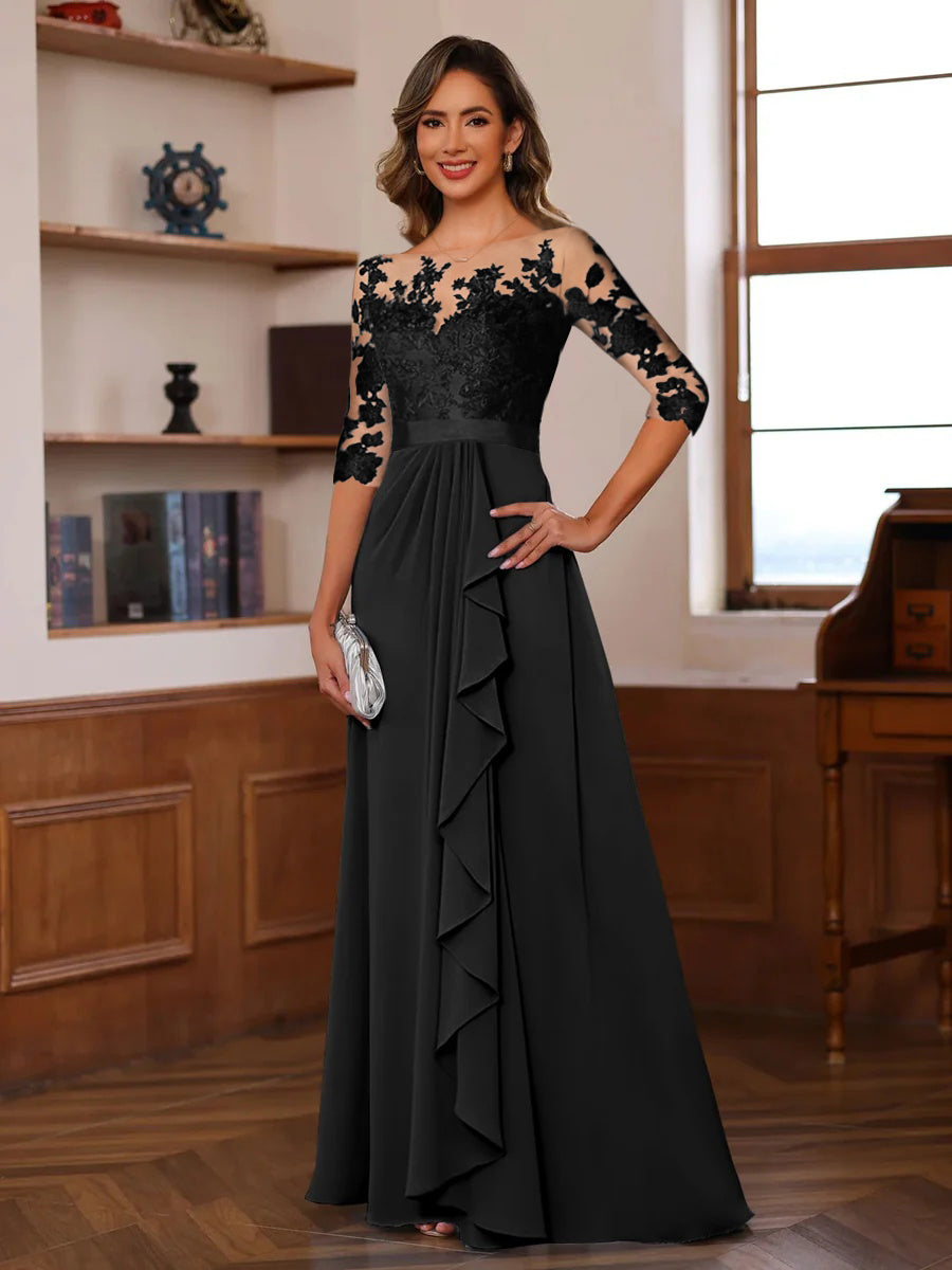 A-Line/Princess Jewel Neck 3/4 Sleeves Floor-Length Pleated Mother of the Bride Dresses with Ruffles & Appliques & Sash