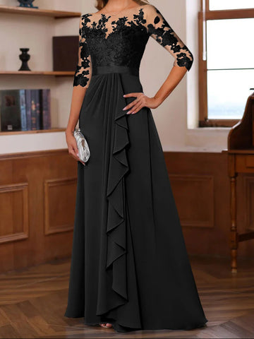 A-Line/Princess Jewel Neck 3/4 Sleeves Floor-Length Pleated Mother of the Bride Dresses with Ruffles & Appliques & Sash