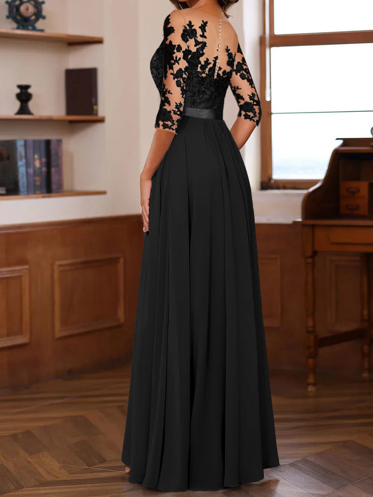 A-Line/Princess Jewel Neck 3/4 Sleeves Floor-Length Pleated Mother of the Bride Dresses with Ruffles & Appliques & Sash