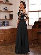 A-Line/Princess Jewel Neck 3/4 Sleeves Floor-Length Pleated Mother of the Bride Dresses with Ruffles & Appliques & Sash