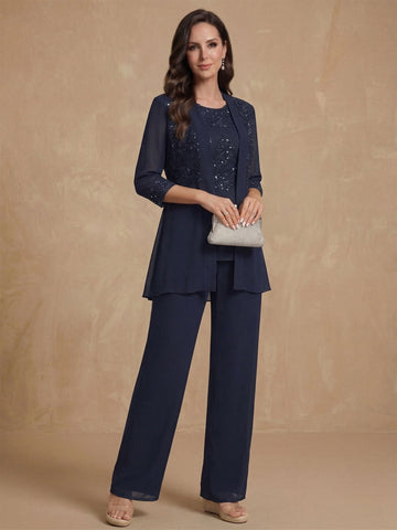 3 Pieces Scoop Half Sleeves Floor-Length Mother of the Bride Pantsuits with Appliques & Sequins & Jacket