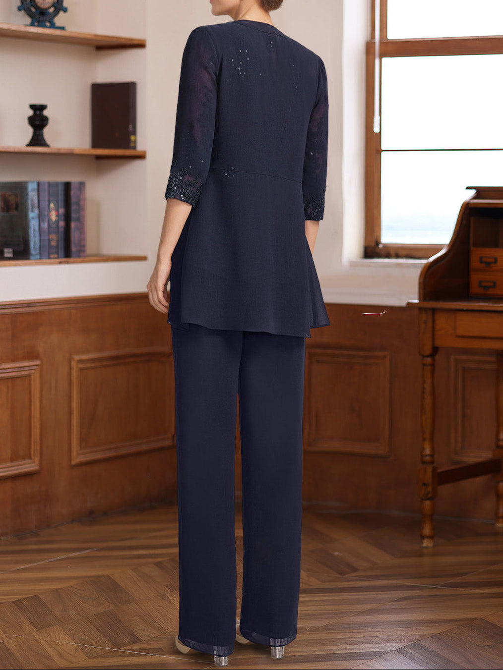 3 Pieces Scoop Half Sleeves Floor-Length Mother of the Bride Pantsuits with Appliques & Sequins & Jacket