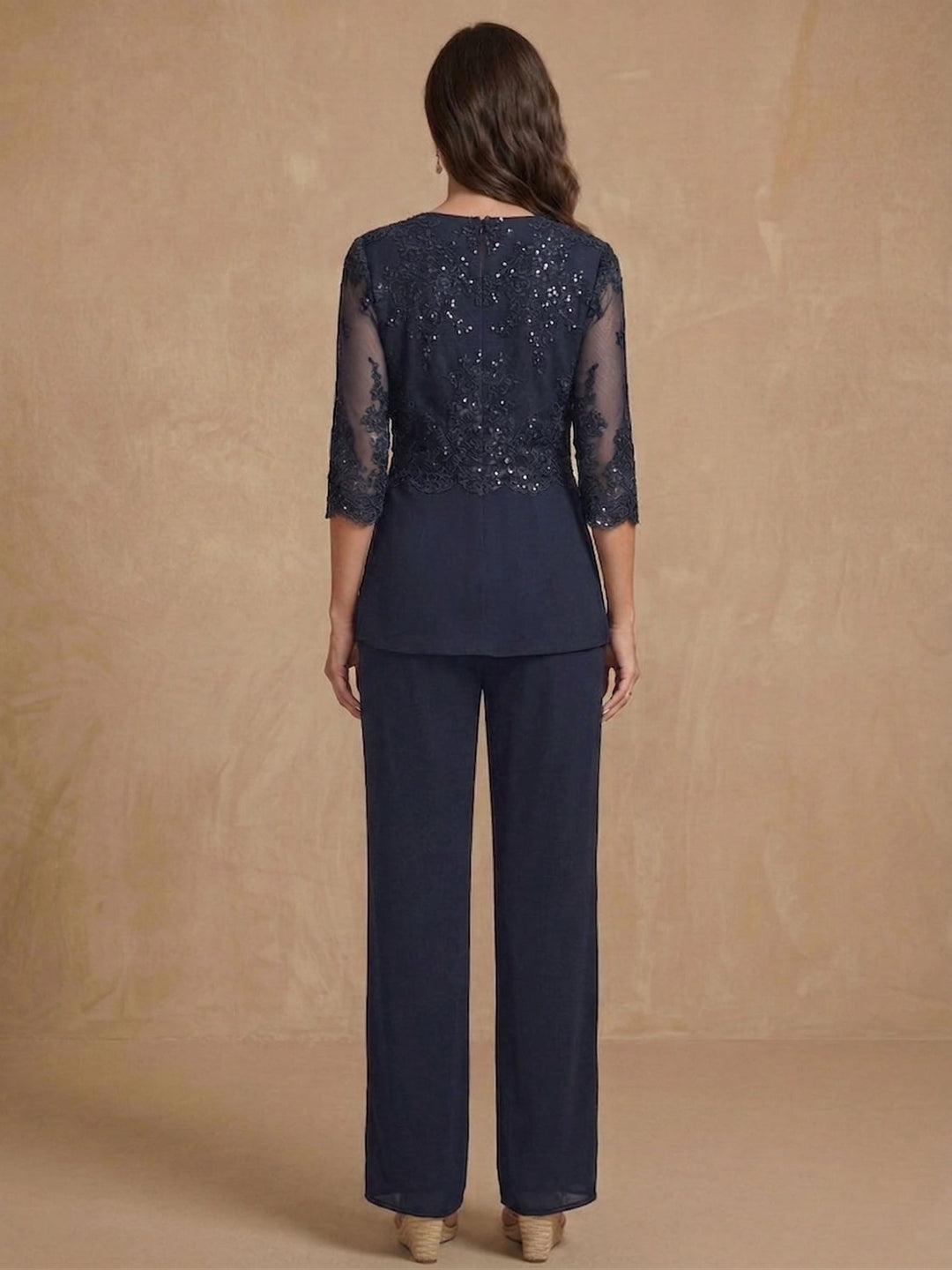 3 Pieces Scoop Half Sleeves Floor-Length Mother of the Bride Pantsuits with Appliques & Sequins & Jacket
