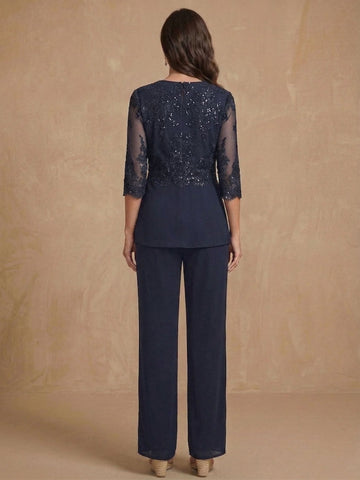 3 Pieces Scoop Half Sleeves Floor-Length Mother of the Bride Pantsuits with Appliques & Sequins & Jacket