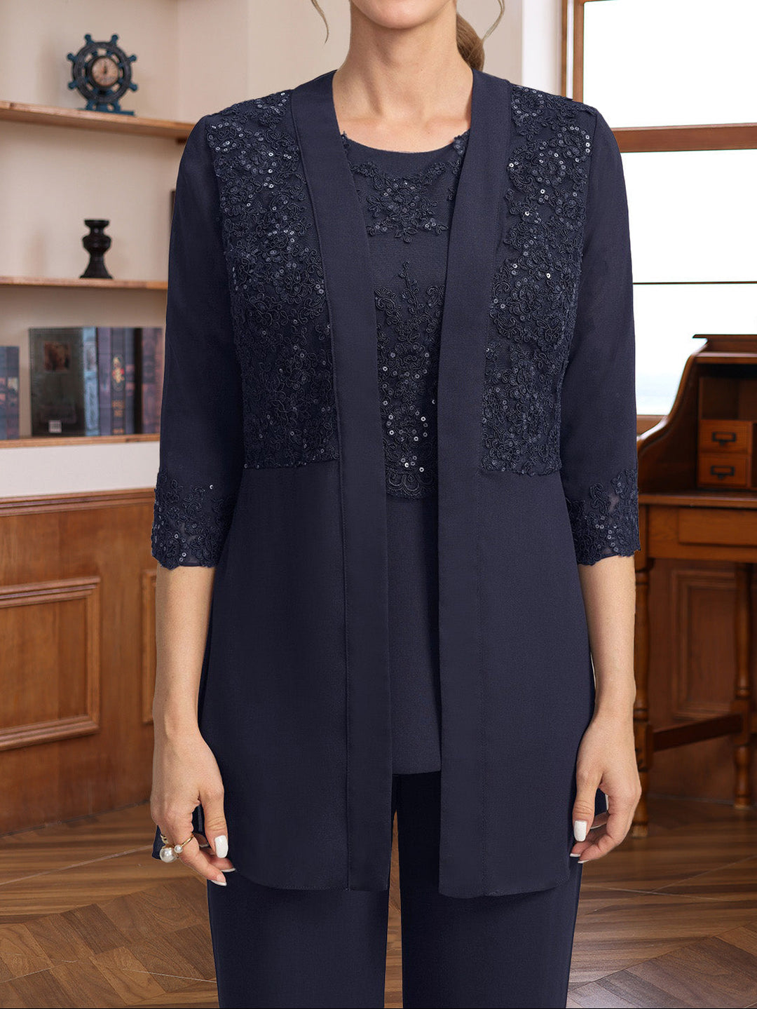 3 Pieces Scoop Half Sleeves Floor-Length Mother of the Bride Pantsuits with Appliques & Sequins & Jacket