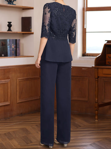 3 Pieces Scoop Half Sleeves Floor-Length Mother of the Bride Pantsuits with Appliques & Sequins & Jacket