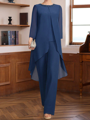 2 Pieces Scoop 3/4 Sleeves Floor-Length Mother of the Bride Pantsuits with Sequins & Beads