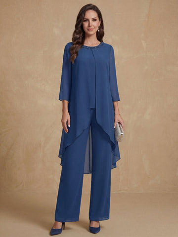 2 Pieces Scoop 3/4 Sleeves Floor-Length Mother of the Bride Pantsuits with Sequins & Beads