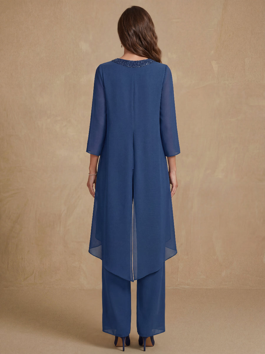 2 Pieces Scoop 3/4 Sleeves Floor-Length Mother of the Bride Pantsuits with Sequins & Beads