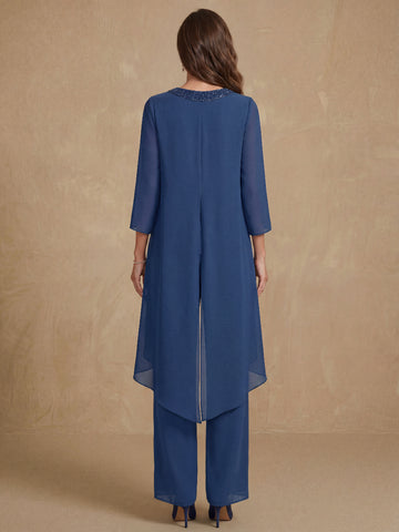 2 Pieces Scoop 3/4 Sleeves Floor-Length Mother of the Bride Pantsuits with Sequins & Beads