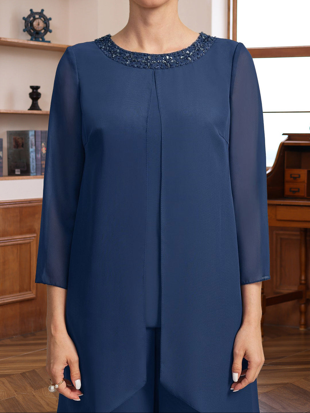 2 Pieces Scoop 3/4 Sleeves Floor-Length Mother of the Bride Pantsuits with Sequins & Beads