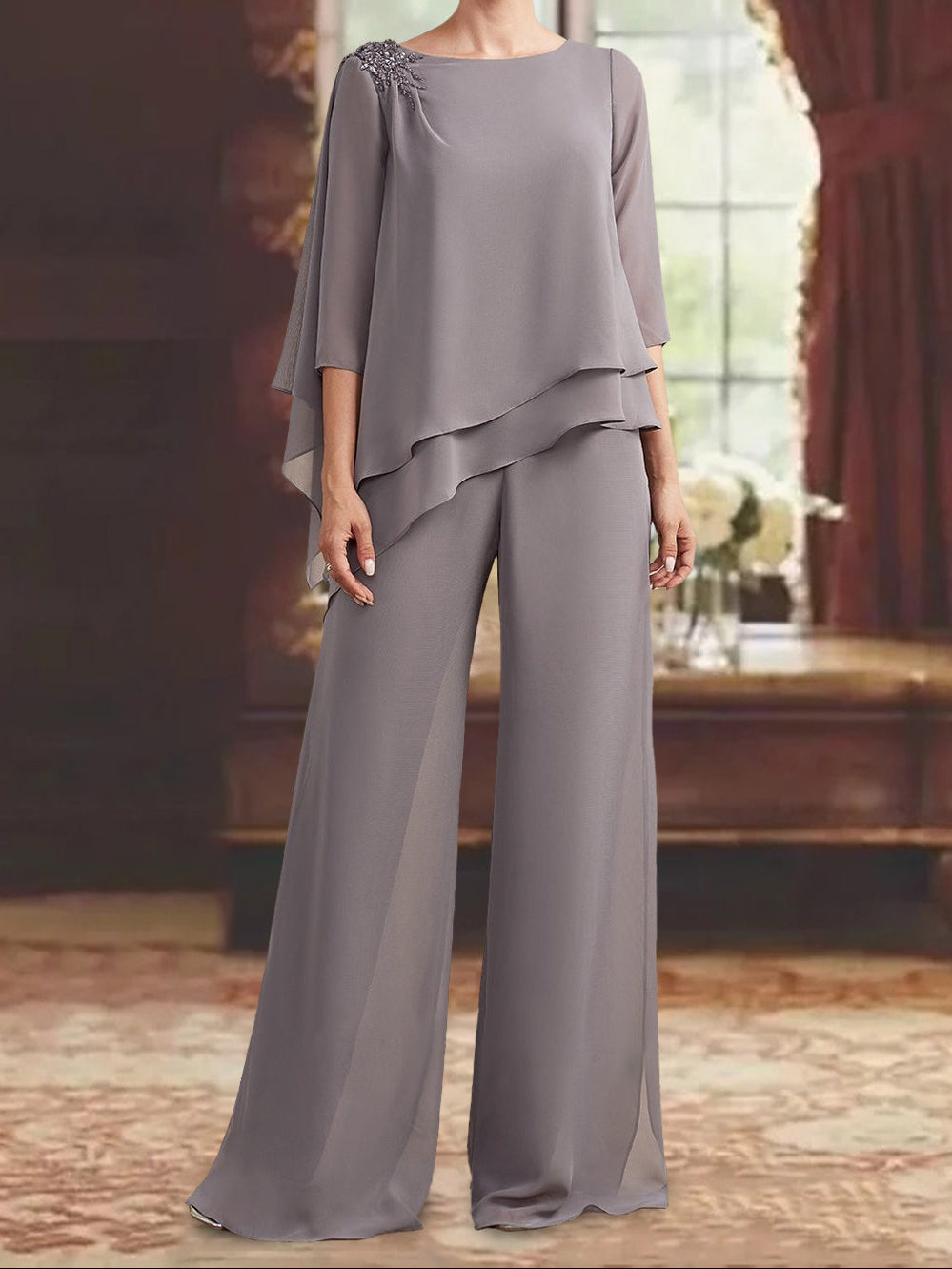 2 Pieces Scoop 3/4 Sleeves Floor-Length Mother of the Bride Pantsuits with Jewel Appliques
