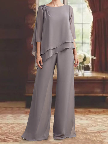2 Pieces Scoop 3/4 Sleeves Floor-Length Mother of the Bride Pantsuits with Jewel Appliques