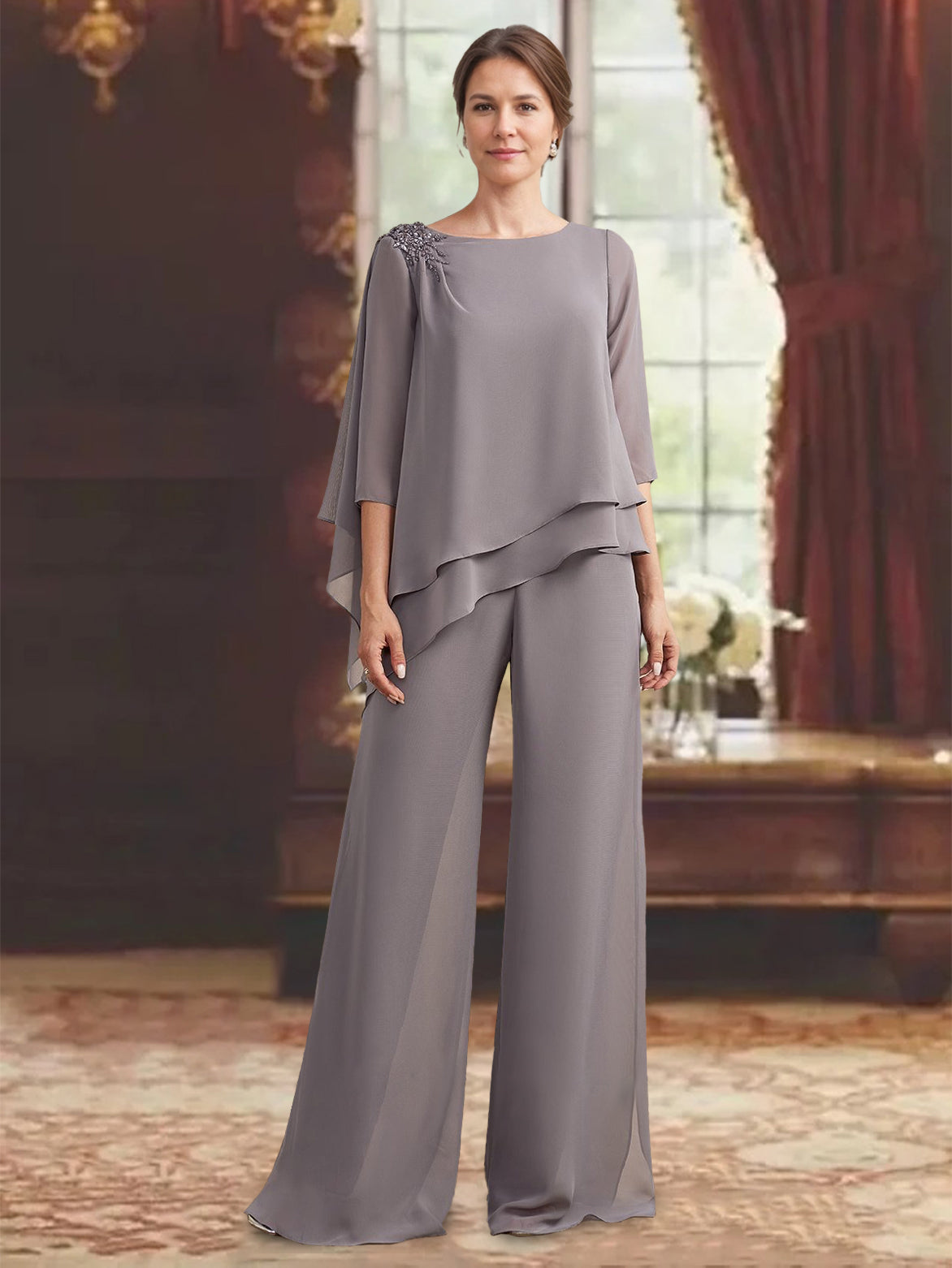 2 Pieces Scoop 3/4 Sleeves Floor-Length Mother of the Bride Pantsuits with Jewel Appliques