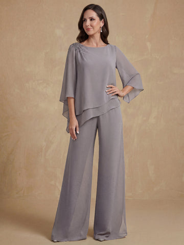 2 Pieces Scoop 3/4 Sleeves Floor-Length Mother of the Bride Pantsuits with Jewel Appliques