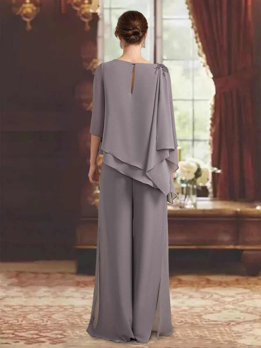 2 Pieces Scoop 3/4 Sleeves Floor-Length Mother of the Bride Pantsuits with Jewel Appliques
