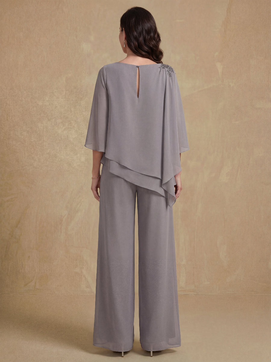 2 Pieces Scoop 3/4 Sleeves Floor-Length Mother of the Bride Pantsuits with Jewel Appliques