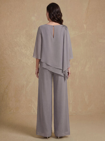 2 Pieces Scoop 3/4 Sleeves Floor-Length Mother of the Bride Pantsuits with Jewel Appliques
