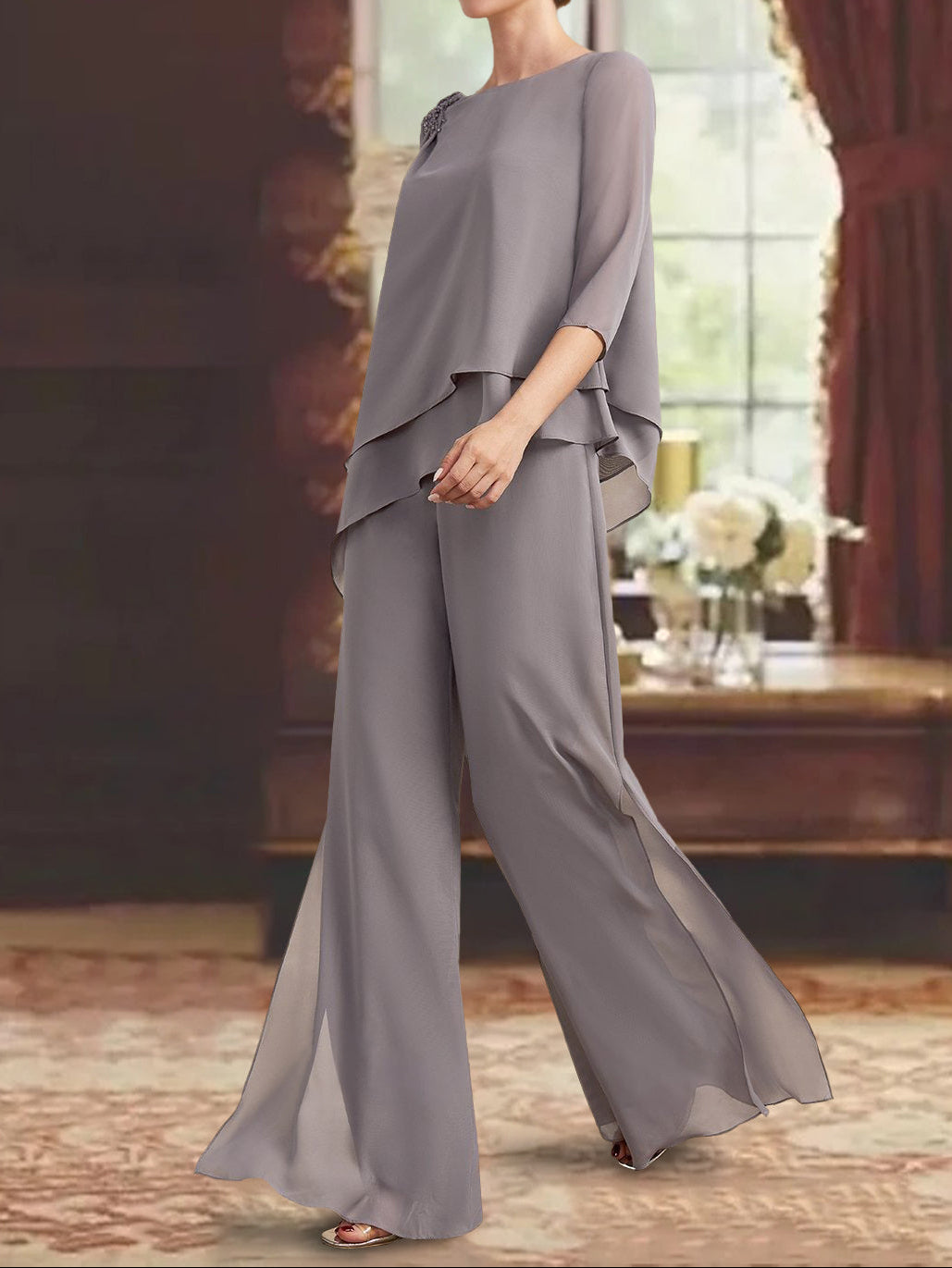 2 Pieces Scoop 3/4 Sleeves Floor-Length Mother of the Bride Pantsuits with Jewel Appliques