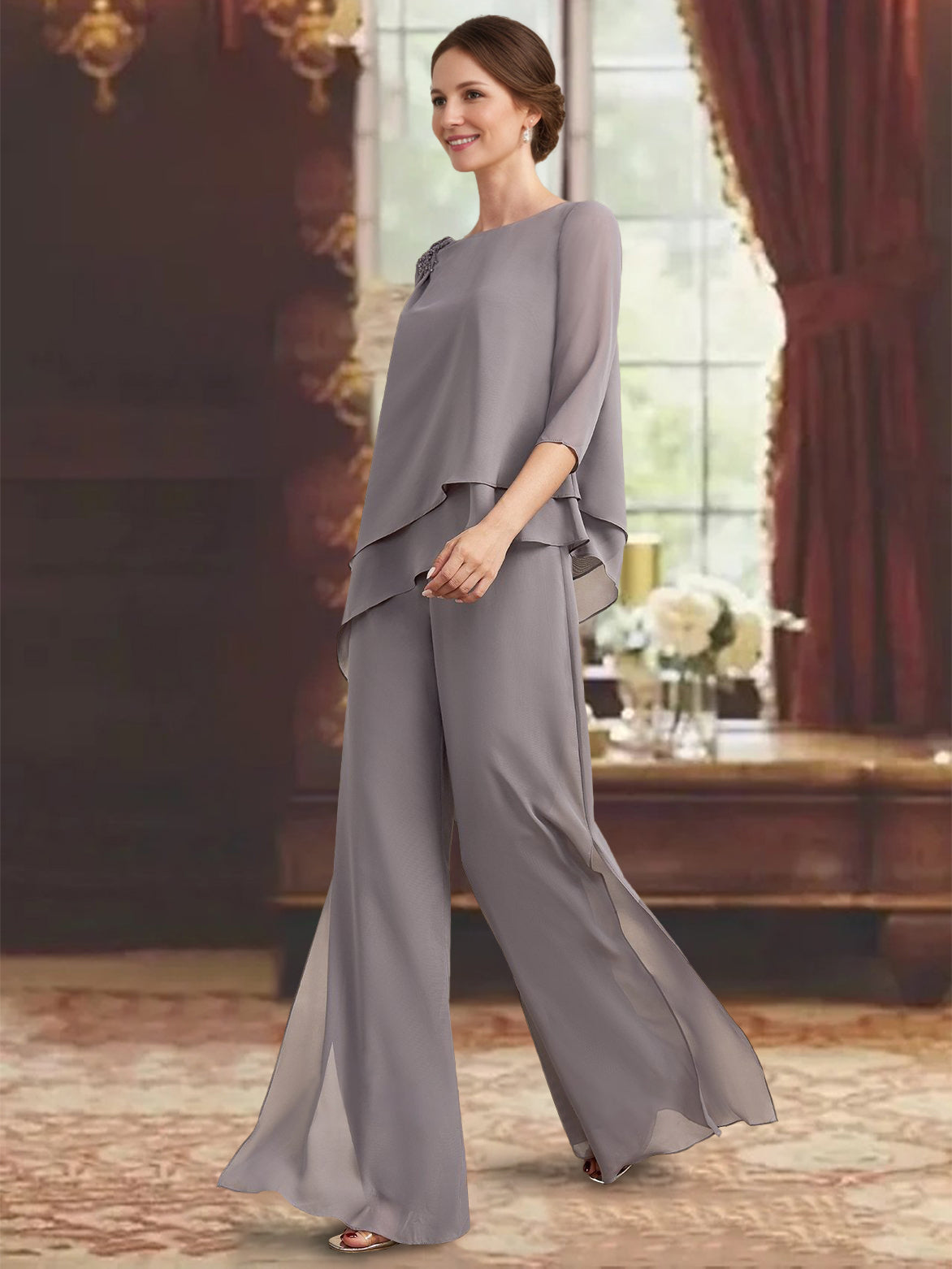 2 Pieces Scoop 3/4 Sleeves Floor-Length Mother of the Bride Pantsuits with Jewel Appliques