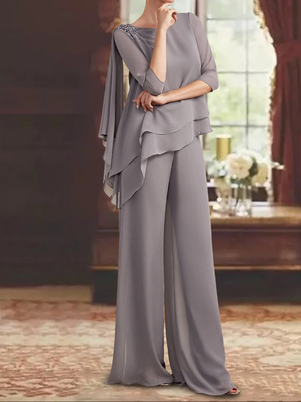 2 Pieces Scoop 3/4 Sleeves Floor-Length Mother of the Bride Pantsuits with Jewel Appliques