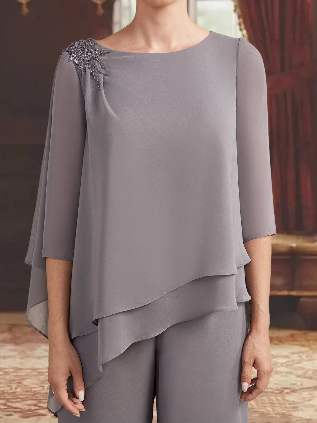 2 Pieces Scoop 3/4 Sleeves Floor-Length Mother of the Bride Pantsuits with Jewel Appliques