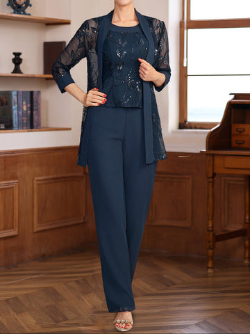 3 Pieces Scoop Sleeveless Floor-Length Mother of the Bride Pantsuits with Appliques & Sequins & Jacket
