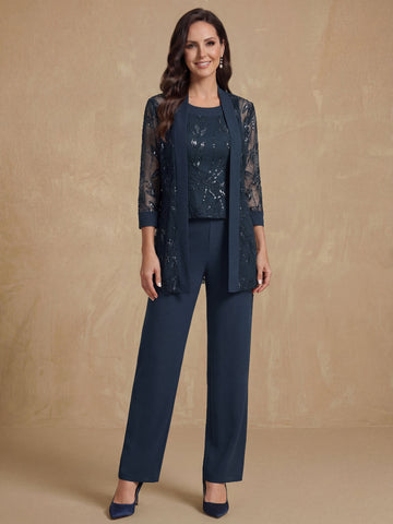 3 Pieces Scoop Sleeveless Floor-Length Mother of the Bride Pantsuits with Appliques & Sequins & Jacket