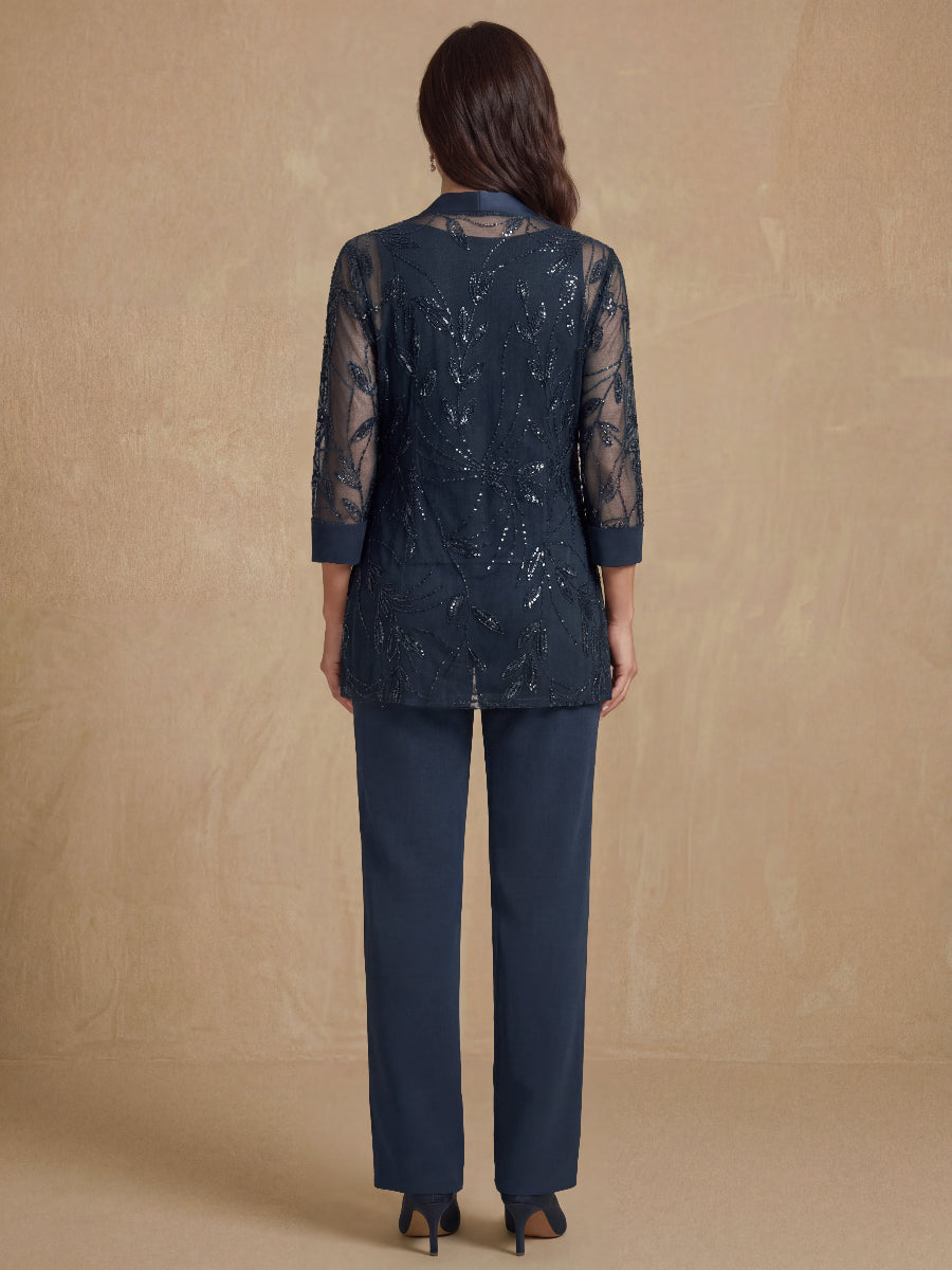 3 Pieces Scoop Sleeveless Floor-Length Mother of the Bride Pantsuits with Appliques & Sequins & Jacket
