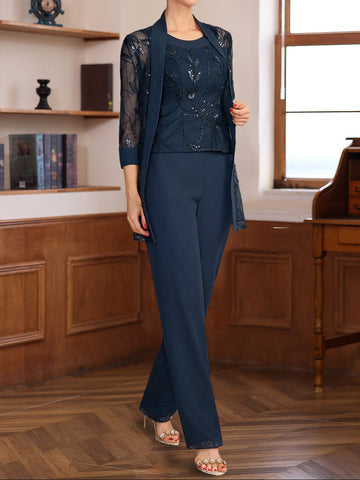 3 Pieces Scoop Sleeveless Floor-Length Mother of the Bride Pantsuits with Appliques & Sequins & Jacket
