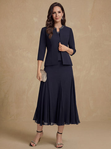 3 Pieces A-Line/Princess Scoop Sleeveless Tea-Length Pleated Mother of the Bride Dresses with Sequins & Beads
