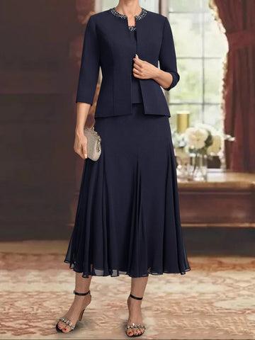 3 Pieces A-Line/Princess Scoop Sleeveless Tea-Length Pleated Mother of the Bride Dresses with Sequins & Beads