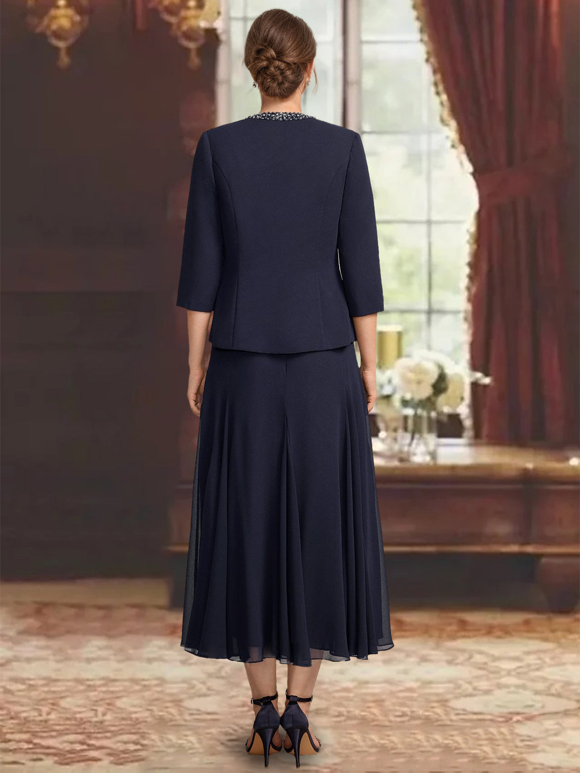 3 Pieces A-Line/Princess Scoop Sleeveless Tea-Length Pleated Mother of the Bride Dresses with Sequins & Beads