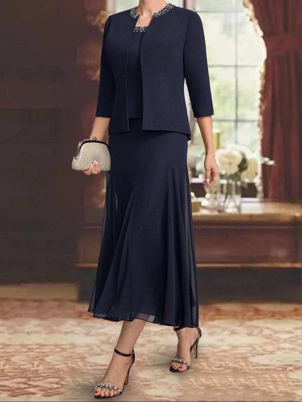 3 Pieces A-Line/Princess Scoop Sleeveless Tea-Length Pleated Mother of the Bride Dresses with Sequins & Beads