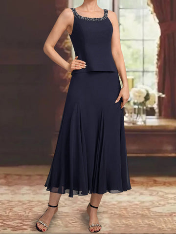 3 Pieces A-Line/Princess Scoop Sleeveless Tea-Length Pleated Mother of the Bride Dresses with Sequins & Beads