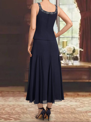 3 Pieces A-Line/Princess Scoop Sleeveless Tea-Length Pleated Mother of the Bride Dresses with Sequins & Beads