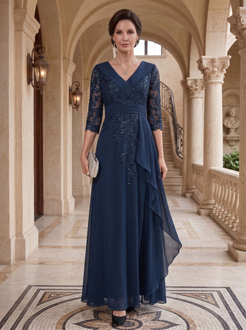 A-Line/Princess V-Neck Half Sleeves Floor-Length Mother of the Bride Dresses with Appliques & Sequins & Ruffles