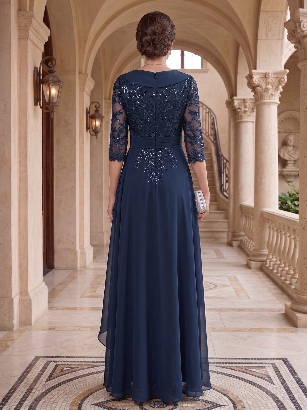 A-Line/Princess V-Neck Half Sleeves Floor-Length Mother of the Bride Dresses with Appliques & Sequins & Ruffles