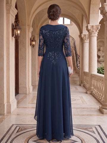 A-Line/Princess V-Neck Half Sleeves Floor-Length Mother of the Bride Dresses with Appliques & Sequins & Ruffles