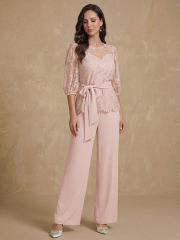 2 Pieces Round Neck Plus Size Half Sleeves Mother of the Bride Paintsuits with Lace & Sash