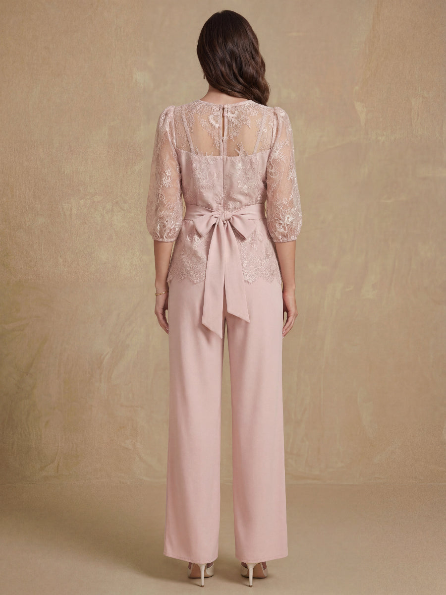 2 Pieces Round Neck Plus Size Half Sleeves Mother of the Bride Paintsuits with Lace & Sash