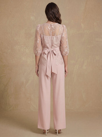 2 Pieces Round Neck Plus Size Half Sleeves Mother of the Bride Paintsuits with Lace & Sash