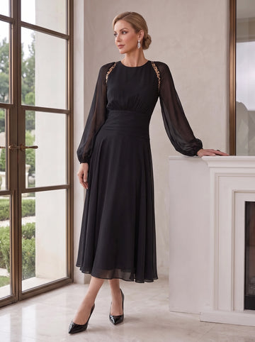 A-Line/Princess Round Neck Long Sleeves Tea-Length Mother of the Bride Dresses with Beading