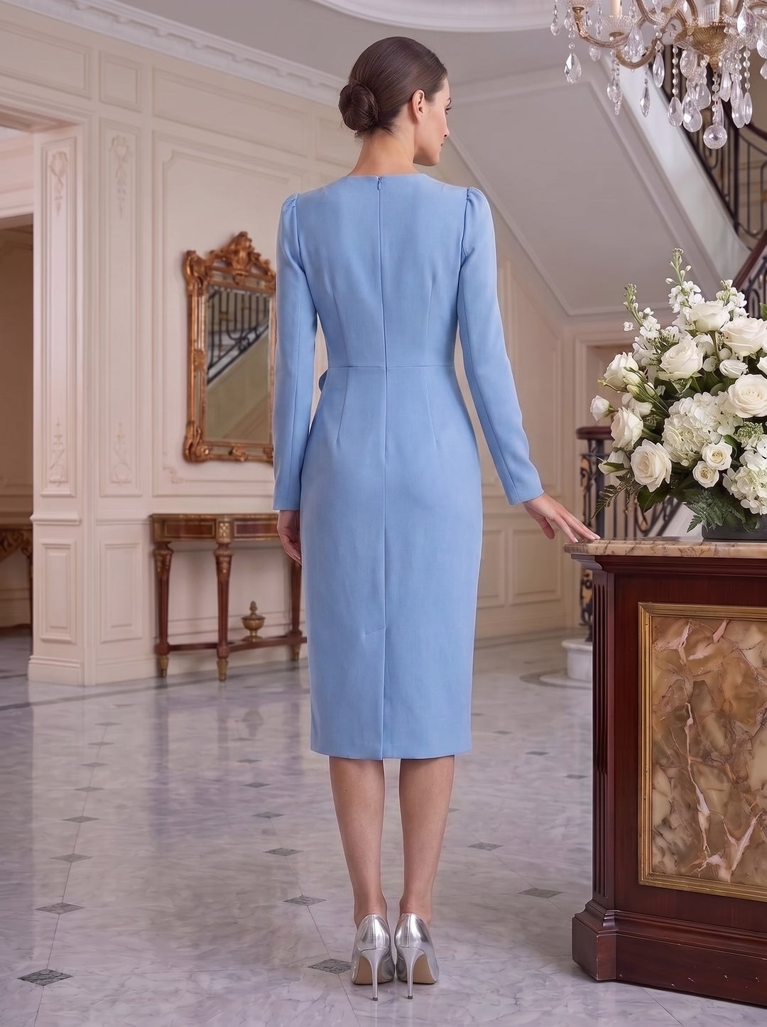 Sheath/Column V-Neck Long Sleeves Knee-Length Mother of the Bride Dresses with Slit & Ruffled Drape